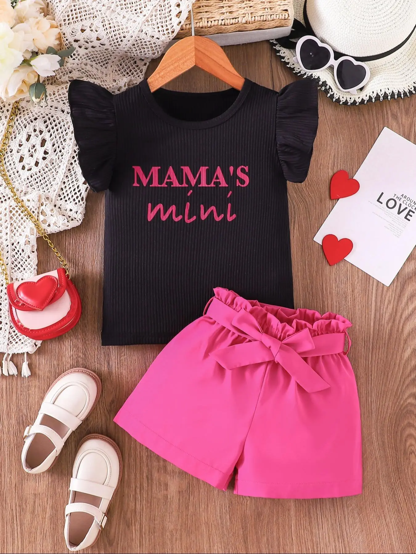 Girl's Letter Print Top & Belted Shorts Co-ord Set, Casual Round Neck Top & Shorts, Summer Outfits Clothes for Kids, Gift Set