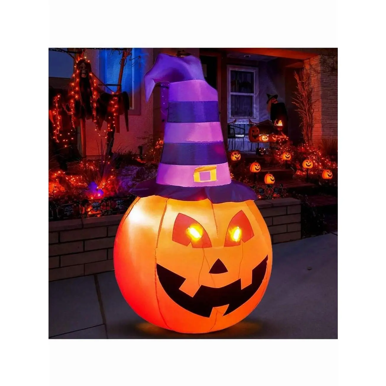 5FT Halloween Inflatable Pumpkin with Sorceress Hat, Giant Blow Up Halloween Yard Decoration, Outdoor Lawn Garden Party Decor for Front Porch, Indoor & Outdoor Halloween Events