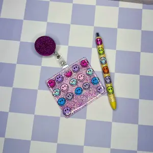Glittered Smiley Face Badge Buddy and Pen Matching Set for Nurses/Teachers - Add your own personalization to badge buddy