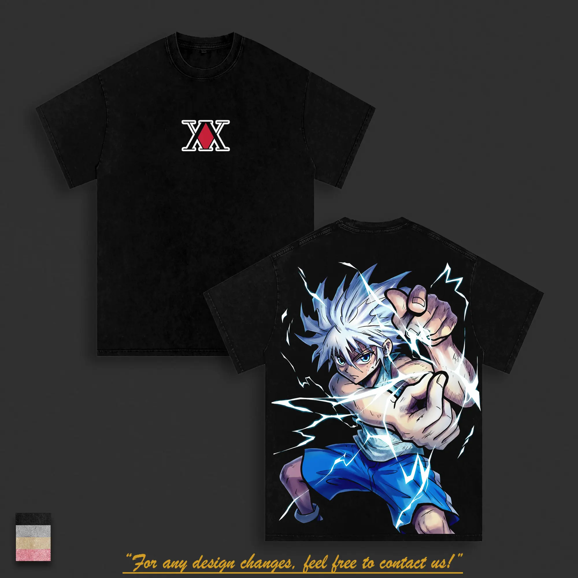 Killua Zoldyck Hunter × Hunter Anime Double Printed Vintage Washed Tee Unisex Oversize Anime Manga Washed Heavyweight Cotton T-shirt