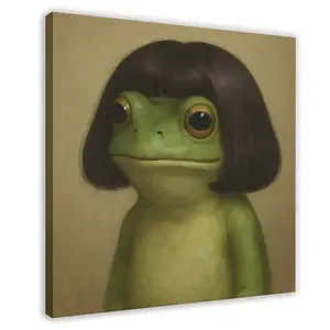 Whimsical Frog Girl Portrait Canvas Print, Cute Green Frog with Bob Hair Funny Animal Wall Art, Quirky Anthropomorphic Frog Painting, Ready to Hang Home Bedroom Office Decor