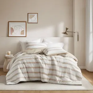 360 stand AM10-0607 California King Size Yarn-Dyed Striped Taupe Comforter Set - Polyester Fill, Tonal Weave, Bedroom Bedding Set, Soft Bedding, Minimalist Coastal Vibe, Soft Bedding Sets