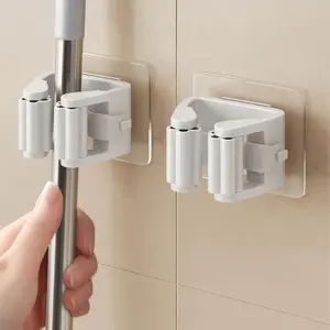 Space-Saving No-Drill Mop Holder Set of 4 - Strong Adhesive Wall Mount, Garage & Utility Organizer, Heavy Duty