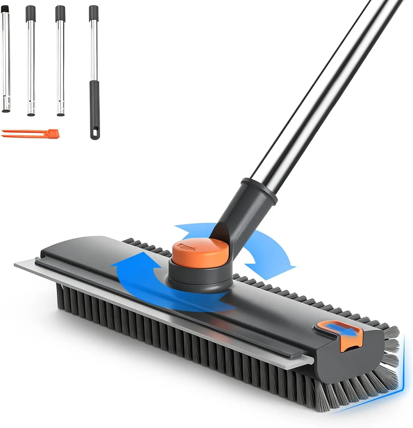 3-in-1 Sturdy Floor Scrub Brush, 29–50-inch adjustable handle, 360° rotating double-sided stiff-bristle brush, household squeegee, upright surface cleaner that eliminates the need to bend over, suitable for bathrooms, kitchens, garages, and gardens.