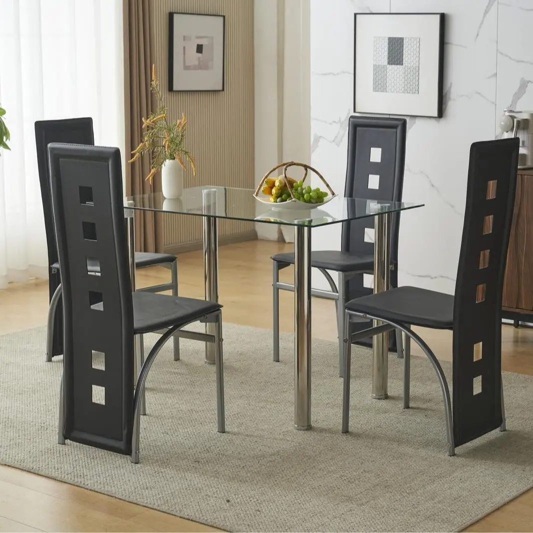 4-Piece PU Leather Dining Chair Set with Long Backrest Modern Kitchen Chairs Black Cushion Electroplated Legs Square Hollow Design Round Tube Frame（Only 4 chairs included）
