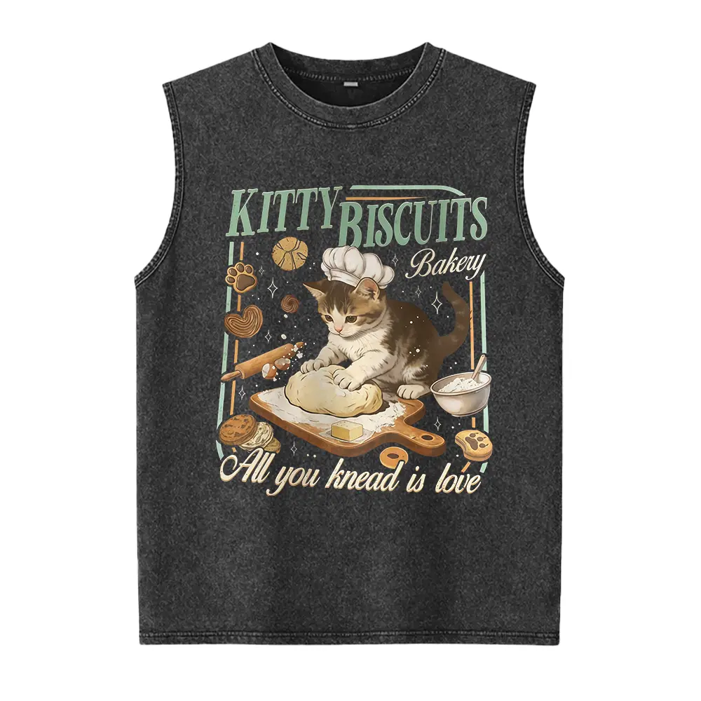 Kitty Biscuits Bakery Graphic Tee, Funny Cat Baker Washed Vest, All You Knead Is Love Top