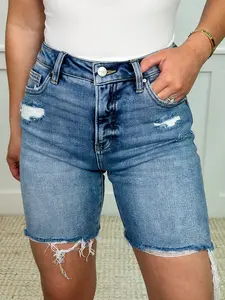 Risen Natalie Tummy Control Distressed High-Rise Fray Hem Medium Wash Blue Bermuda Shorts