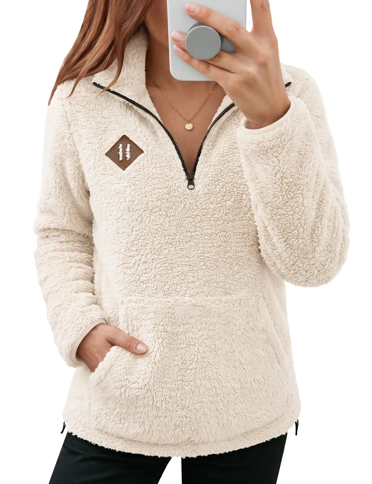 Women's Teddy Fleece Pullover Sweat Jacket Half Zip Sweatshirt Fall | Warm cuddly sweater with stand-up collar, kangaroo pocket and loose fit for autumn and winter
