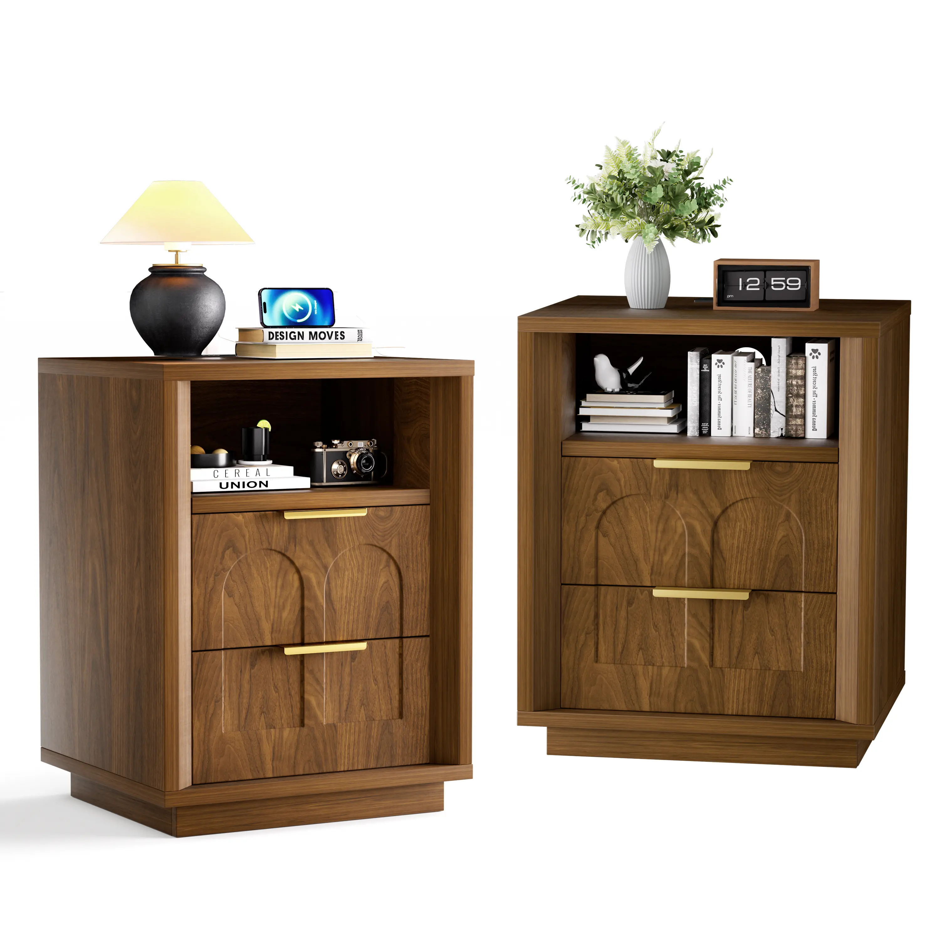 Mid-Century 2-Piece Walnut Matching Side Table Nightstands with Drawer, Power Charging Station, Type C & USB Ports, Quick Setup 2-Drawer Storage Shelf for Bedroom