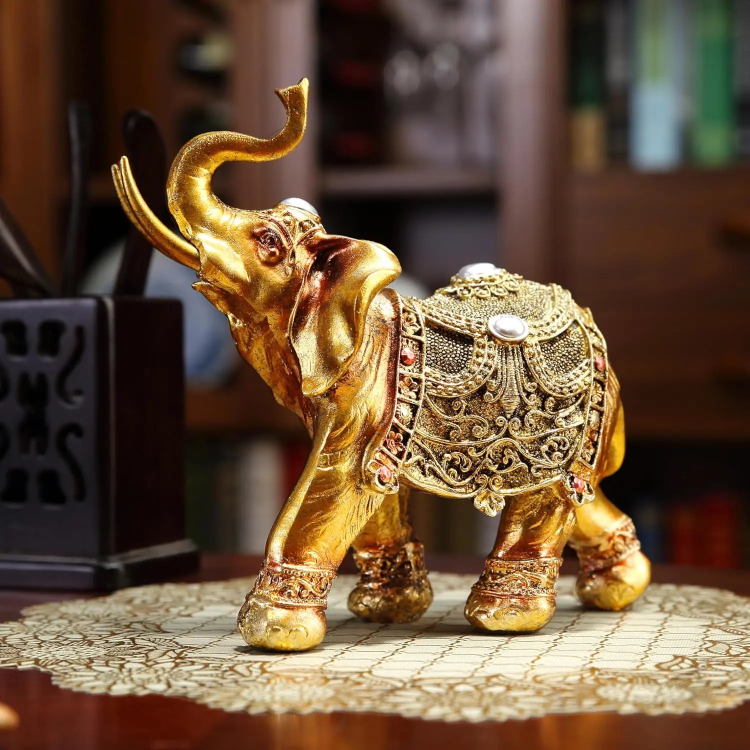 Lucky Elephant Statue,7" Elephant Decor,Elephants Figurine for Home Decor  and Ornament for Living Room,Table Centerpiece Shelf and Office Adds