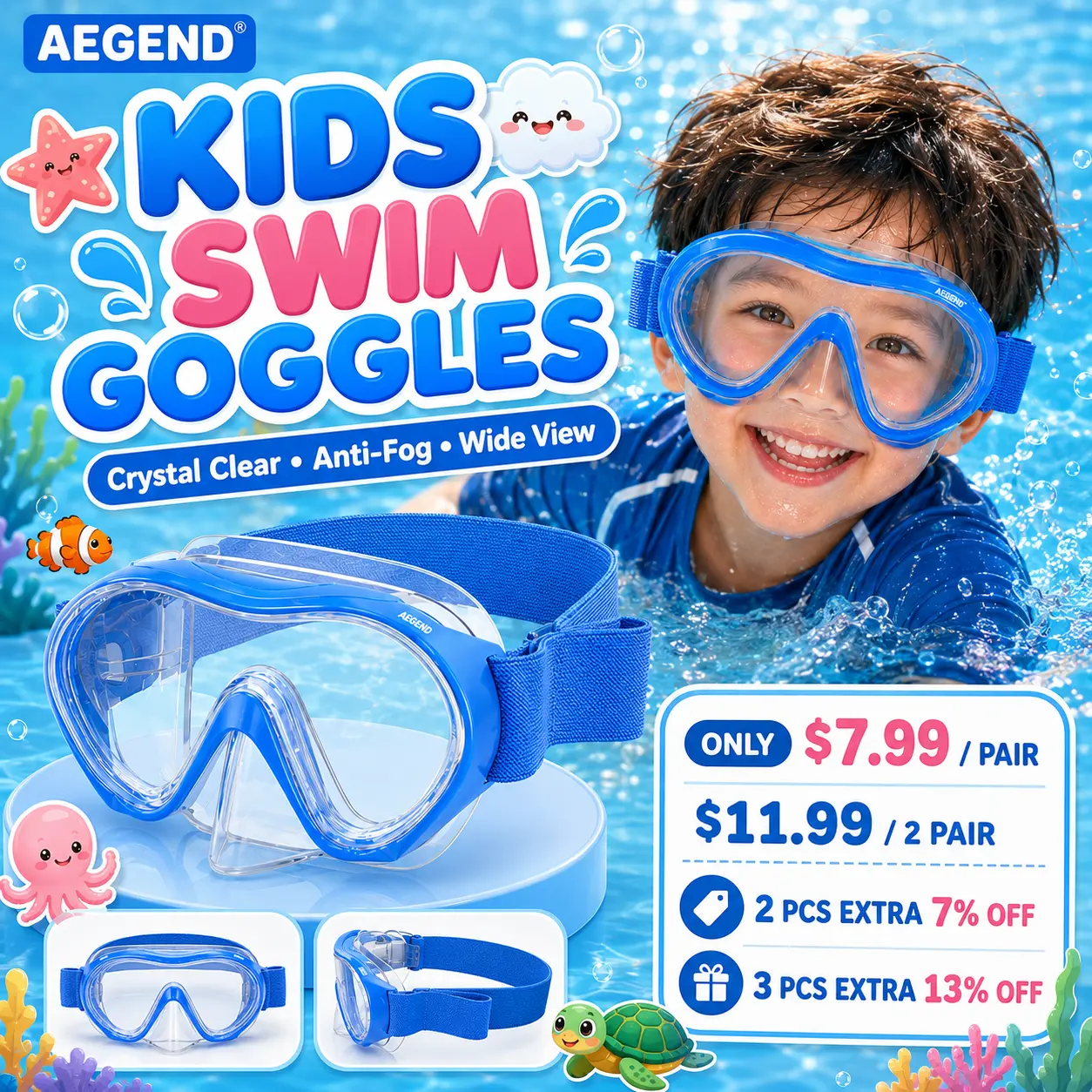 Aegend Kids' Diving Mask - Panoramic Tempered Glass Anti-Fog Lens with Soft Silicone Seal - Adjustable Tangle-Free Knitted Strap, Soft Seal, Children, Diving Masks, Snorkeling Gear, Swim Goggles, Tangle‑Free Strap tiktokshopbacktoschool