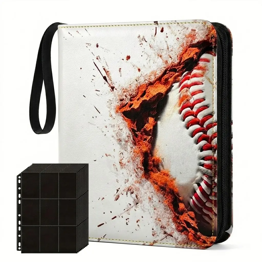 9-Pocket Baseball Card Binder for 900 Cards with 50 Removable Sleeves, Zippered Sports Trading Card Collector Album, PU Leather Gift for Kids & Adults
