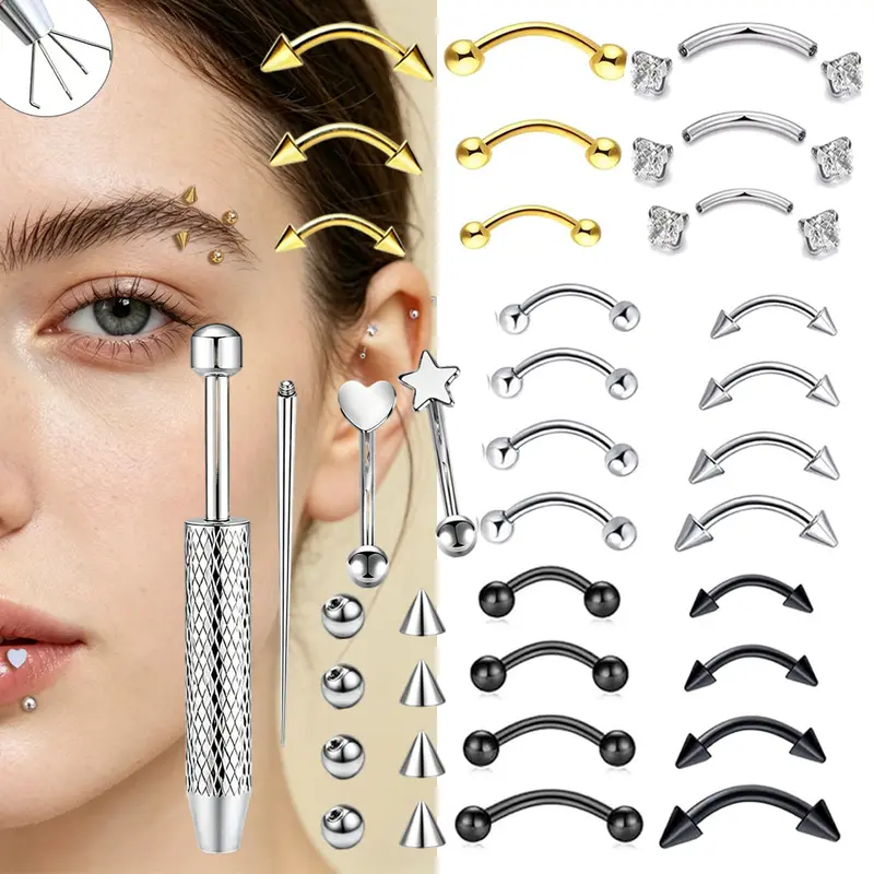 Unisex 16g Hypoallergenic Stainless Steel Curved Barbell Multiple Piercing Jewelry Set - 6mm/8mm/10mm/12mm Tiny Geometric Heart Eyebrow Rings, Barbell Style for Classic Piercings, Vertical Labret/Rook Studs, Everyday Elegant Casual Wear Body Jewelry Set