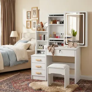 White Makeup Vanity Desk Set - Stylish, Adjustable, Moveable, Self-Contained Makeup Vanity with 3-Color Adjustable Lighted Sliding Mirror, 4 Drawers, Storage Shelves, 34.8" Stool, Modern Space-Saving Bedroom Desk, Ideal Gift for Women, Stylish Makeup Vani