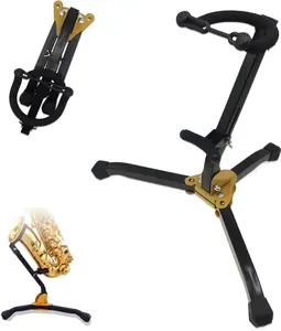 Folding Alto/Tenor Saxophone Stand, Adjustable Sax Holder with Portable Triangle Base Design, Sturdy Metal Construction & Chain Lock, Ideal for Music Rehearsals & Performances