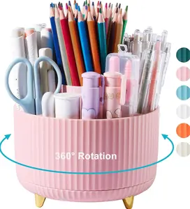 360 Degree Rotating Desk Pen/Pencil Holder, 5-Slot Organizer, Cute Pink Desk Accessory