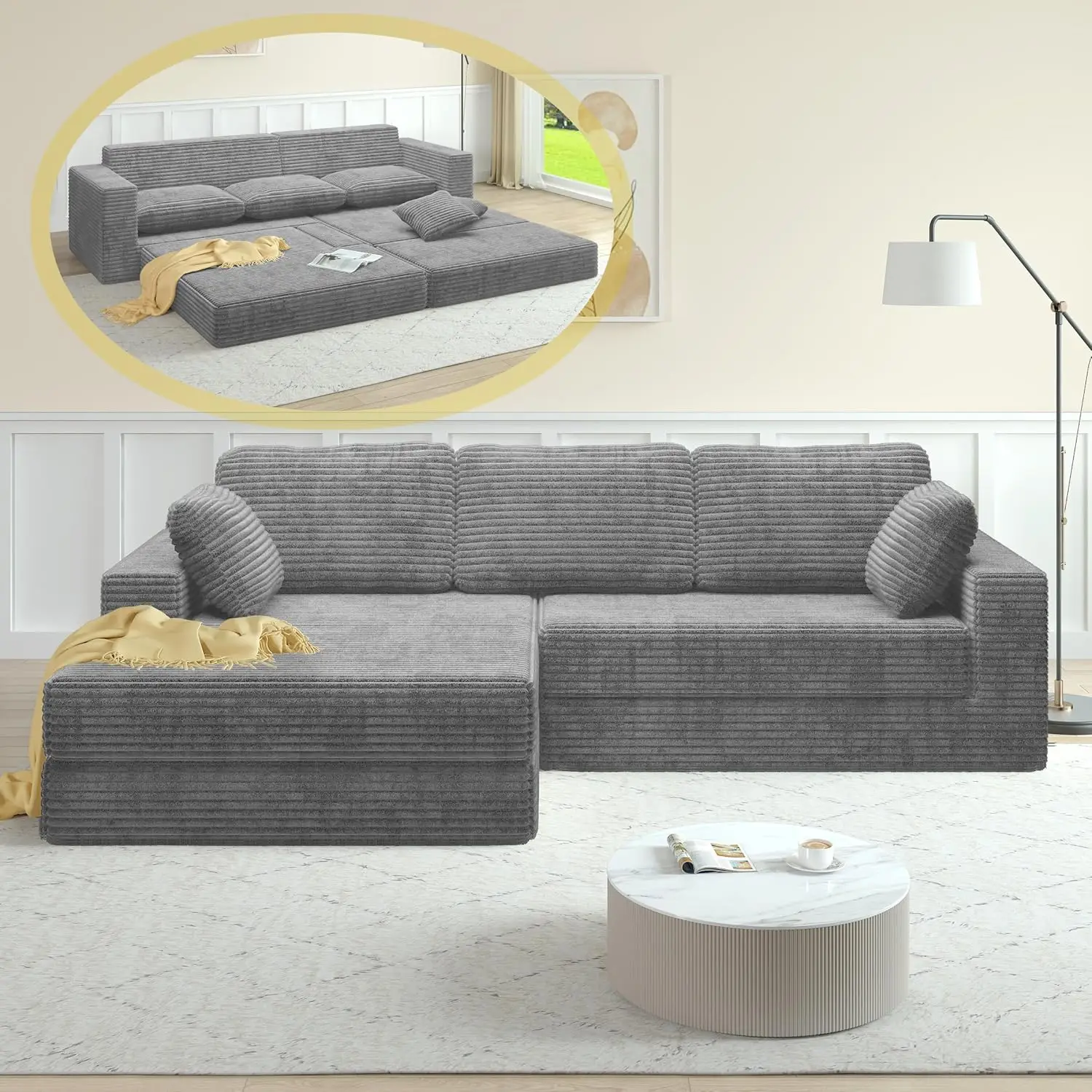 [2 packing delivery] Niccae Full Foam Modular Sectional Sofa - Oversized L-Shaped Cloud Couch with Right-Facing Chaise, Convertible Daybed, and Throw