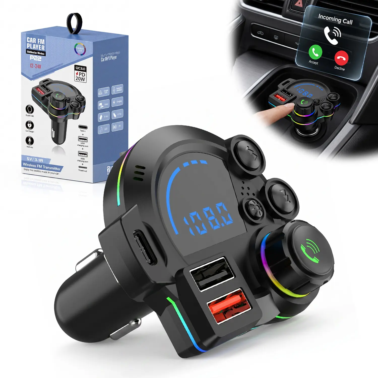 Bluetooth 5.3 Plug-in Car Adapter - 30W PD Type-C Car Charger with FM Transmission, QC3.0 Dual USB Ports, Bass Boost, RGB Lights, Hands-Free Calling, 12V-24V Automotive Electronic Accessory, Bluetooth Car Adapter