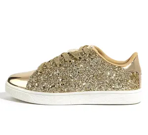 LUCKY STEP Glitter Shoes Sparkly Bling Shiny Bedazzled Lace up Fashion Sneakers for Women Gold Glitter PU TPR Sole Ideal for Jogging Shopping Walking