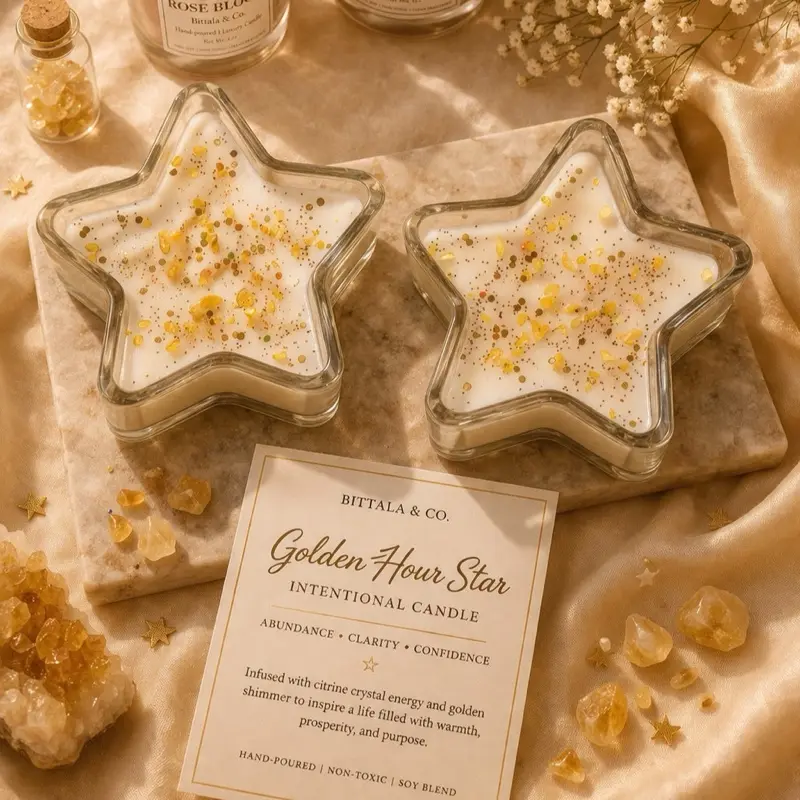 Bittala & Co. Golden Hour Star Intentional Candle - Hand-Poured Non-Toxic Soy Blend for Abundance Clarity & Confidence Decoration - Ornaments