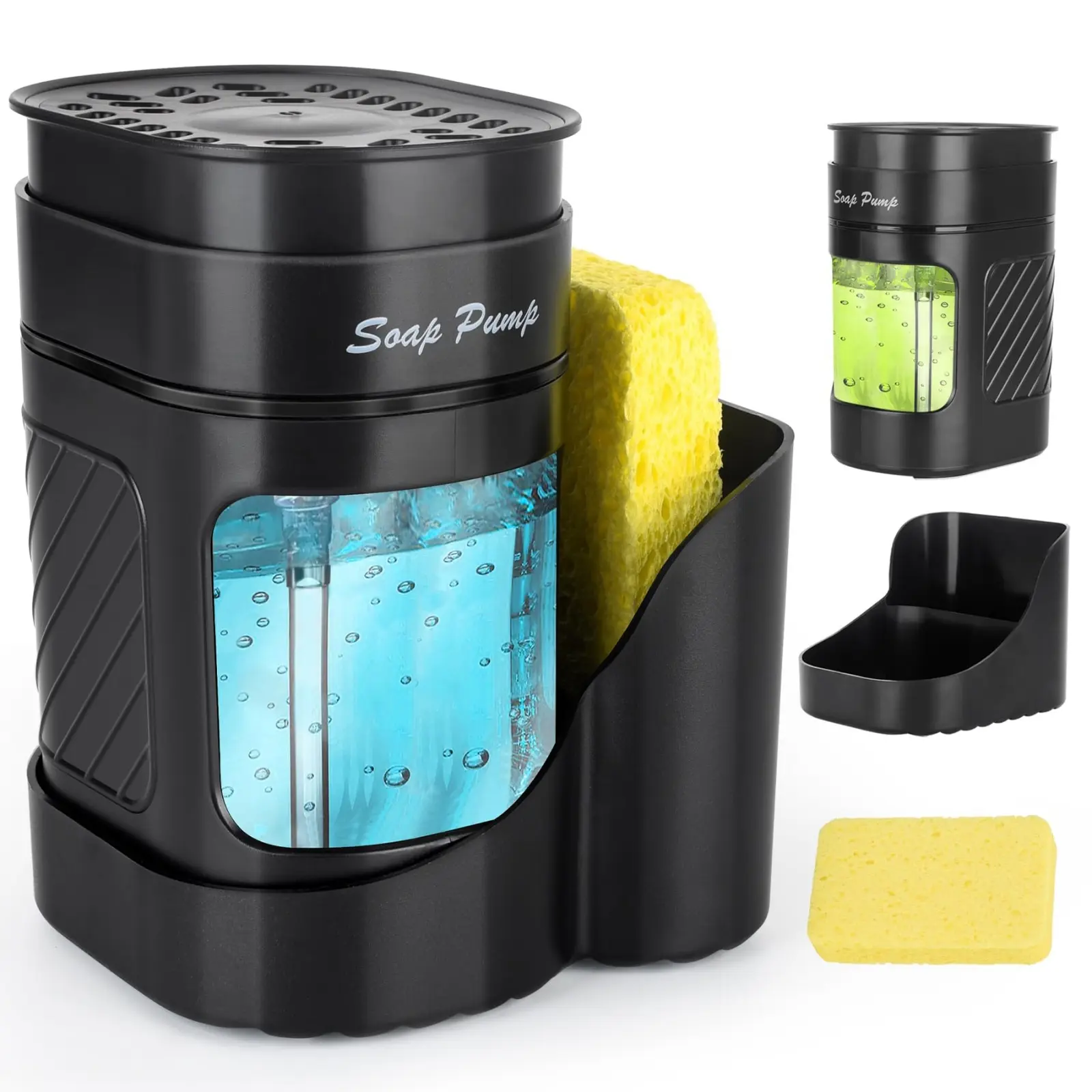 Kitchen Dish Soap Dispenser with Sponge Holder, 3-in-1 Countertop Dishwashing Soap Pump Dispenser Set for Kitchen Sink, Useful Kitchen Gadgets