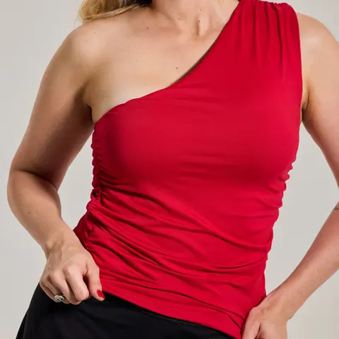 Klassy Network Ruched One Shoulder Fitted Women's Top in Black Polyester Fabric with Compressive Band Support