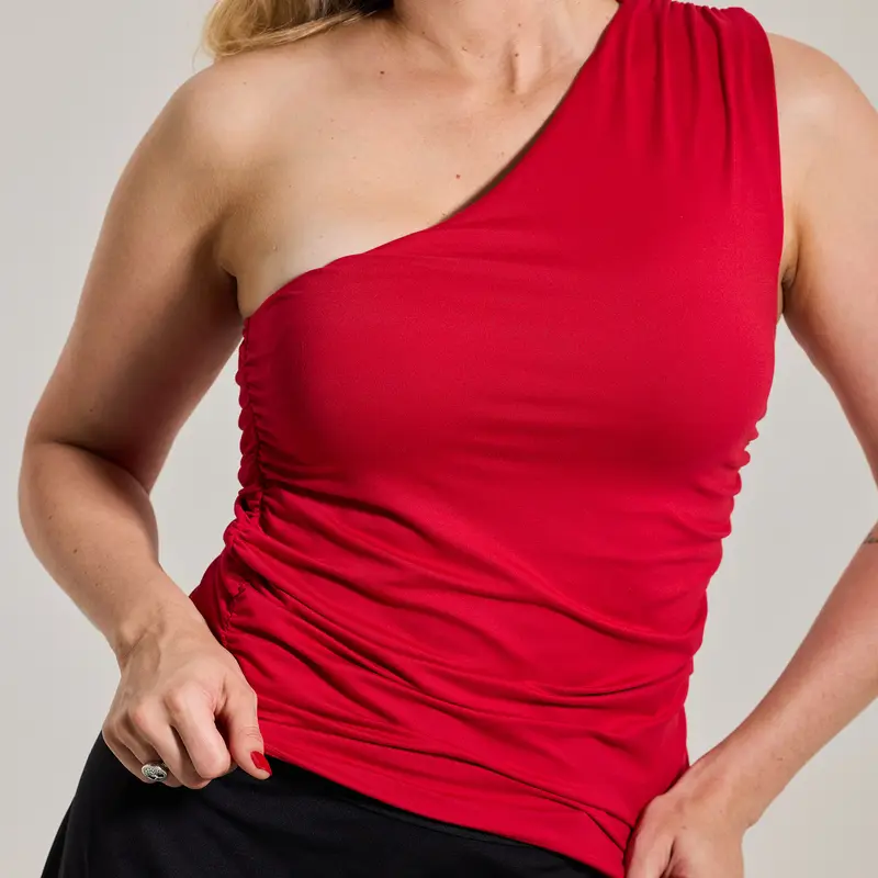 Klassy Network Ruched One Shoulder Fitted Women's Top in Black Polyester Fabric with Compressive Band Support