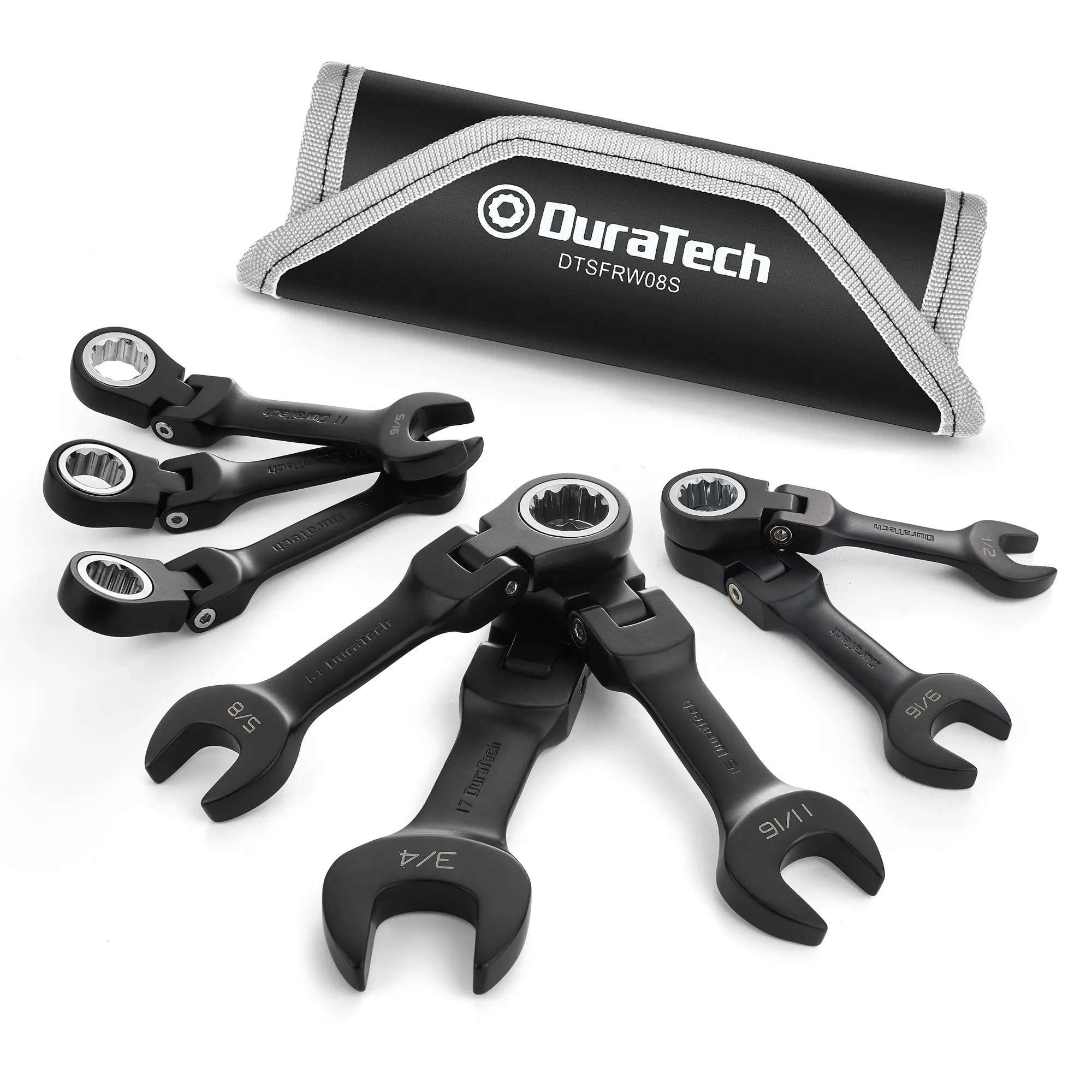 #fathersdaygift DURATECH Stubby Flex-head Ratcheting Combination Wrench Set, SAE, CR-V Steel, Black Electrophoretic Coating, with Rolling Pouch