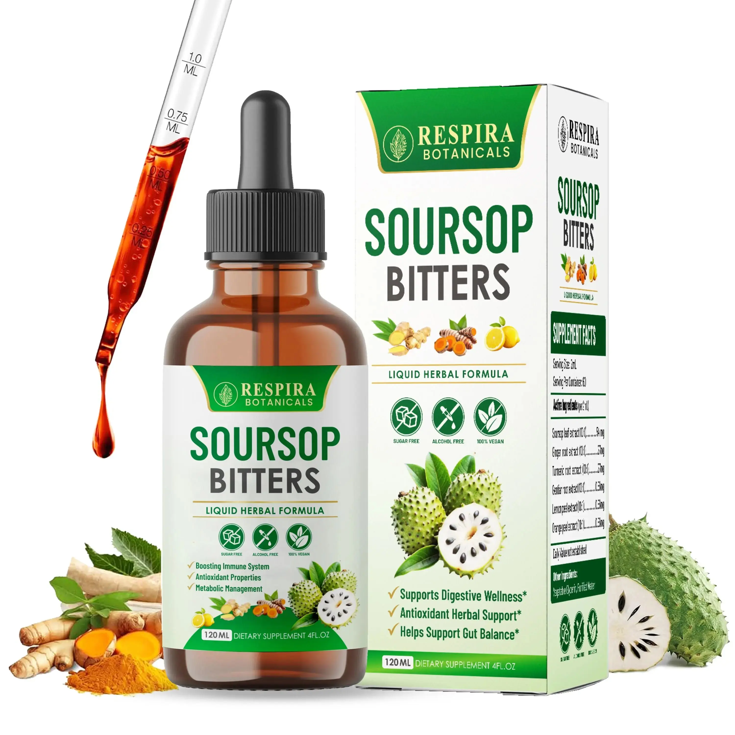 Soursop Bitters Liquid - Gut, Digestive & Antioxidant Support | 5-in-1 Herbal Formula, Natural Citrus Flavor, Vegan Liquid Drops, 4 Fl oz