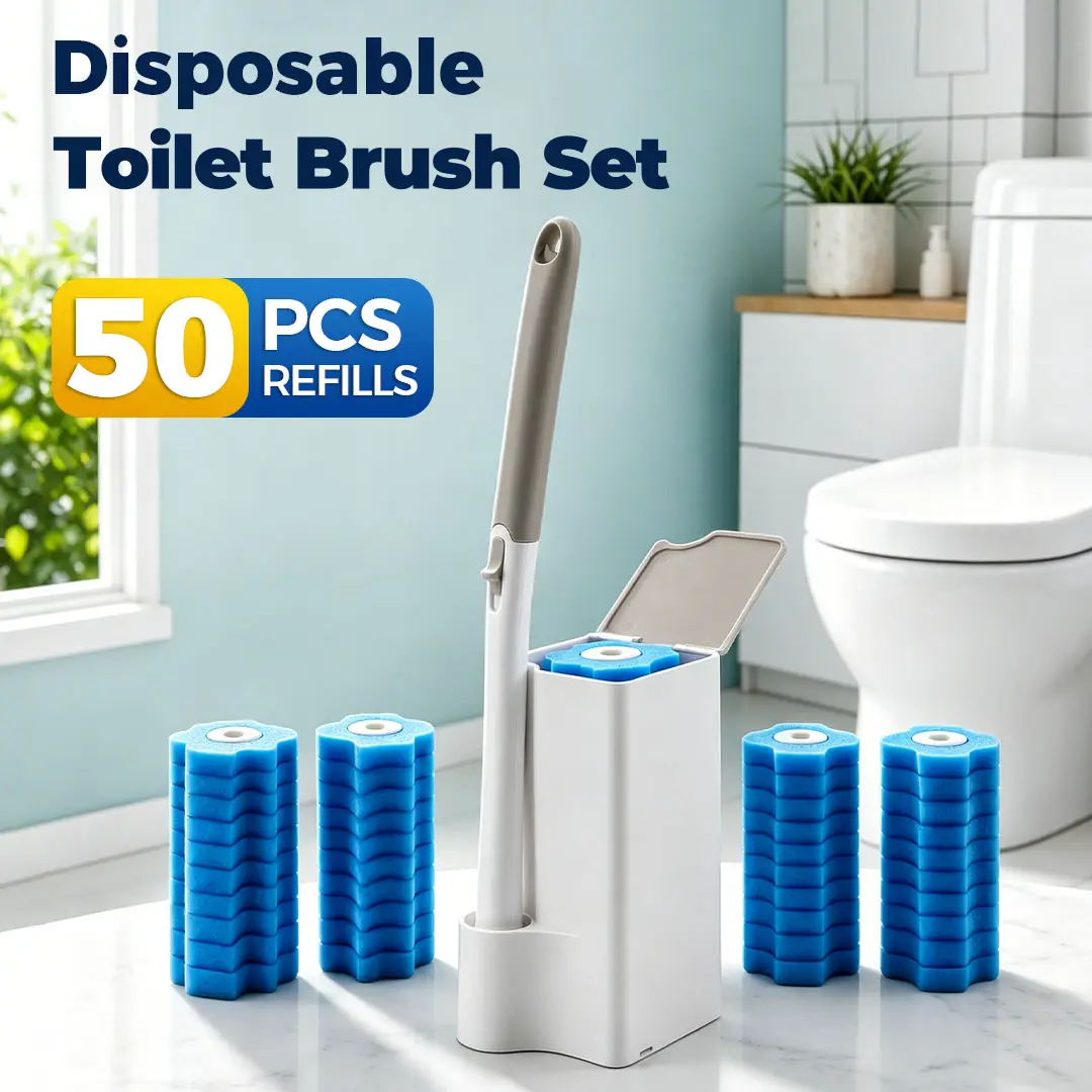 Disposable System Toilet Brush & Plungers Set, Bathroom Toilet Bowl Cleaner with Holder, 50 1-Use Cleaning Sponge Heads, System Toilet Brush & Plungers Disposable
