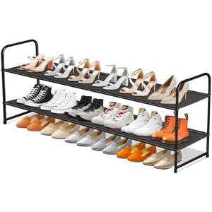 SLEEPING LAMB Long 2-Tier Shoe Organizer for Closet, Stackable Wide Shoe Rack Holds 18-Pairs Low Shoe Shelf Storage for Bedroom, Floor, Entryway(Black) QB0109-RACK-Black