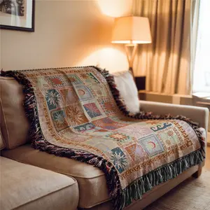 Spliced Geometry Pattern Bohemian Style Sofa Towel: Thick Soft, Yarn Woven Not Printed, Non Fading and Easy To Care, Can Be Used for Home Decoration Bed Chair Tapestry Tablecloth Floor Garden Picnic Travel Outdoor Camping Office Nap