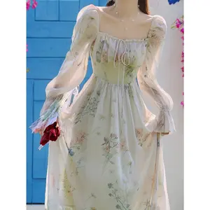 French-Style Printed Floral Elegant Women's Summer Dress, Spring/Summer Ladies' Vacation Wear, High-End Temperament Elegant Dress, Designer Clothing, Waist-Cinching Fairy Midi High-Quality Dress