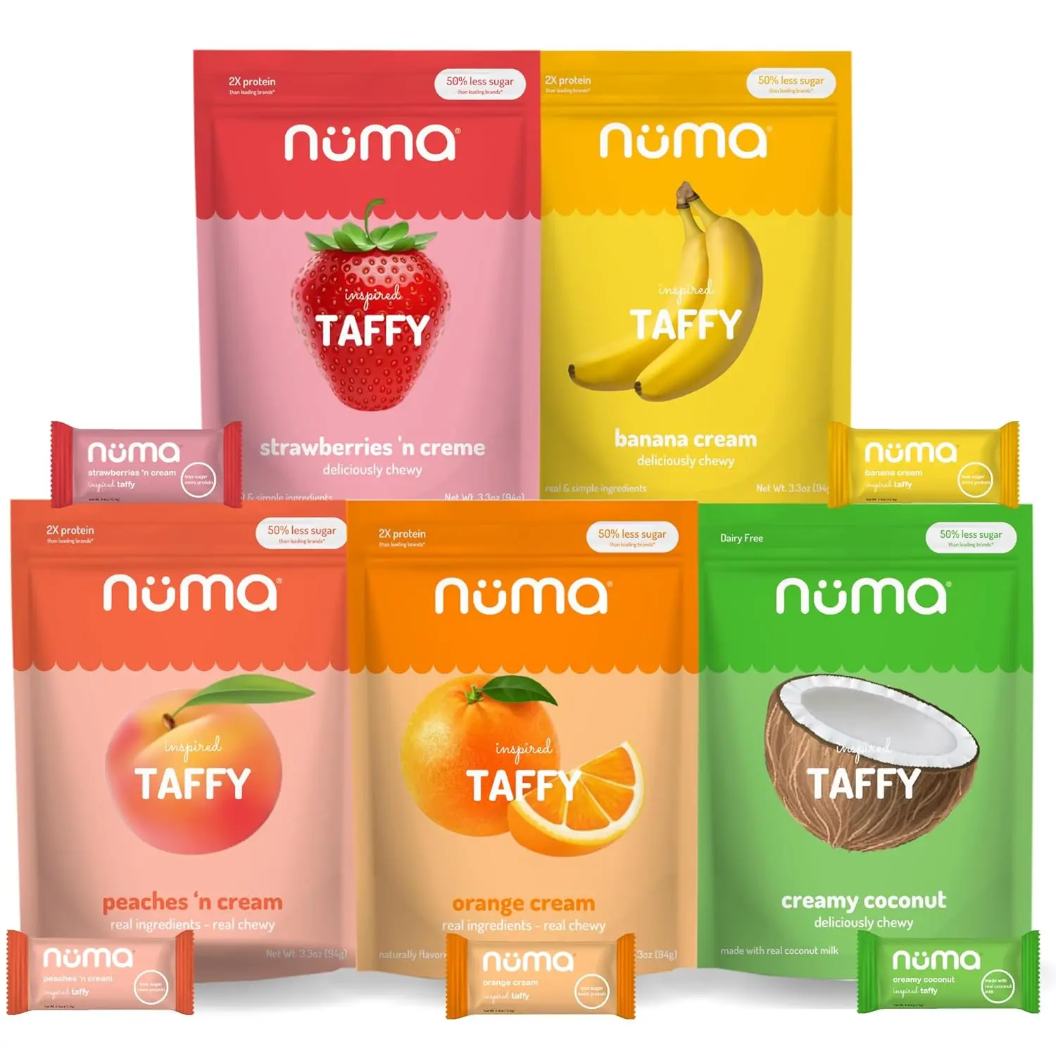 Numa Foods Nutritious Chewy & Creamy Candy Variety Pack, Low Sugar High Protein Candy, All Natural Gluten Free Soft Chews, Vanilla Banana Strawberry Coconut Coffee, 5 Bags x 10 Individually Wrapped Pieces
