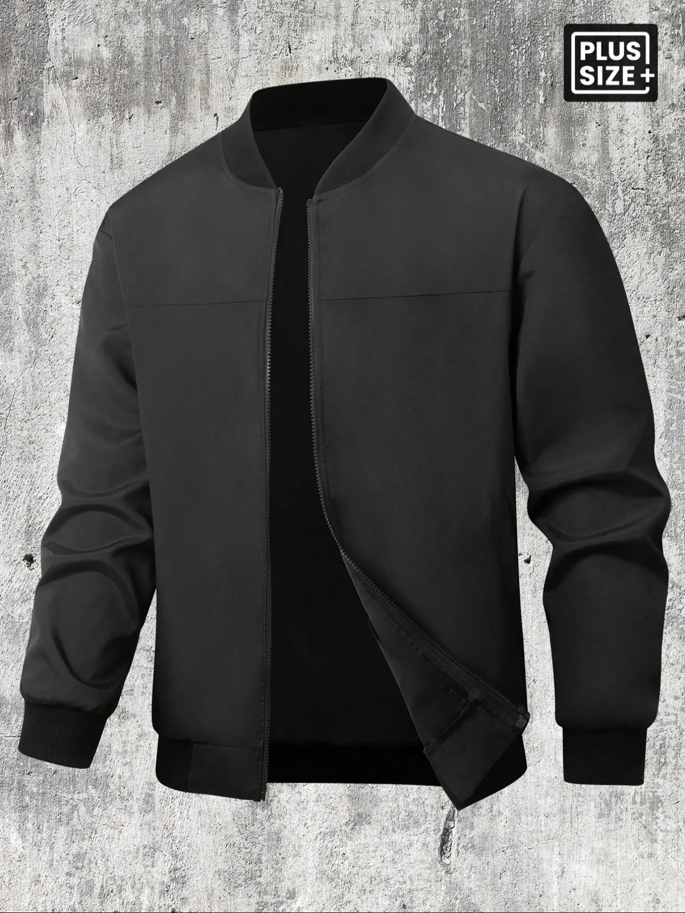Men's Plus Size Solid Color Plain Zip Up Jacket Fabric, Regular Fit Loose Casual Long Sleeve Baseball Collar Outerwear for Spring & Fall, Men's Clothes for Daily Wear, Coats, Solid Color Jackets, Menswear