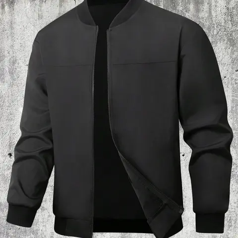 [Plus Size]Men's Plus Size Plain Solid Color Zip Up Jacket, Regular Fit Casual Long Sleeve Baseball Collar Outerwear for Spring & Fall, Men's Clothes for Daily Wear, Coats, Menswear