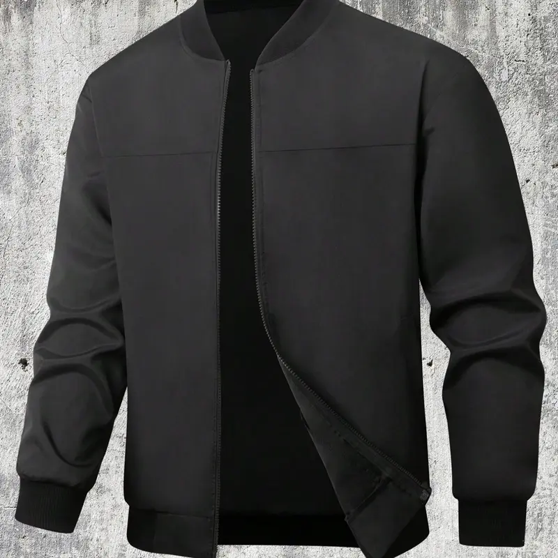 [Plus Size]Men's Plus Size Plain Solid Color Zip Up Jacket, Regular Fit Casual Long Sleeve Baseball Collar Outerwear for Spring & Fall, Men's Clothes for Daily Wear, Coats, Menswear
