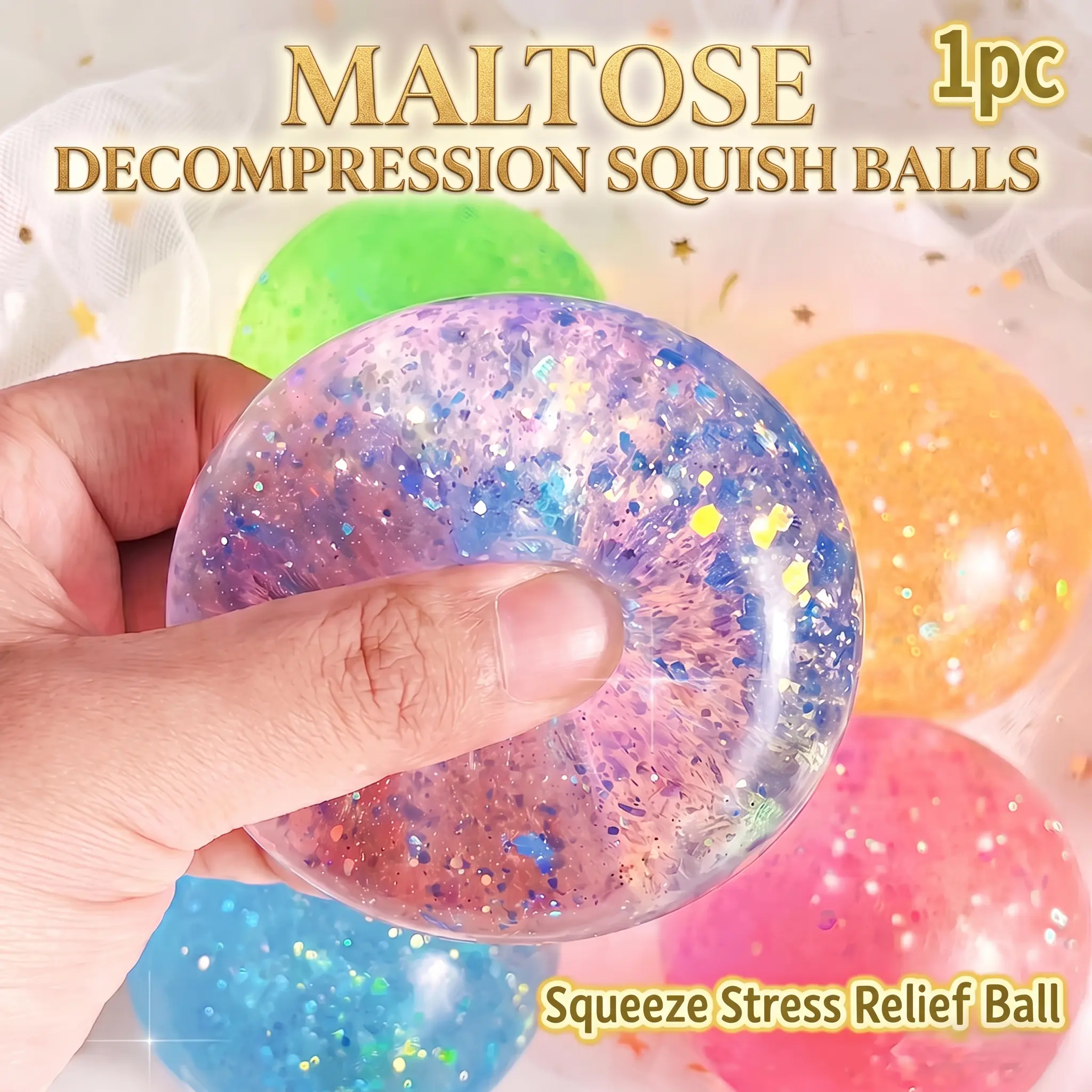Galaxy Glitter Maltose Squeeze Ball, Soft Squishy Stress Relief Fidget Toy, 6cm Sparkly Squeeze Toy for Kids Adults Party Favors