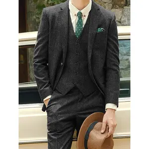 Men's Slim Fit 3-Piece Vintage Tweed Herringbone Suit Perfect for Business Meetings Weddings Formal Events