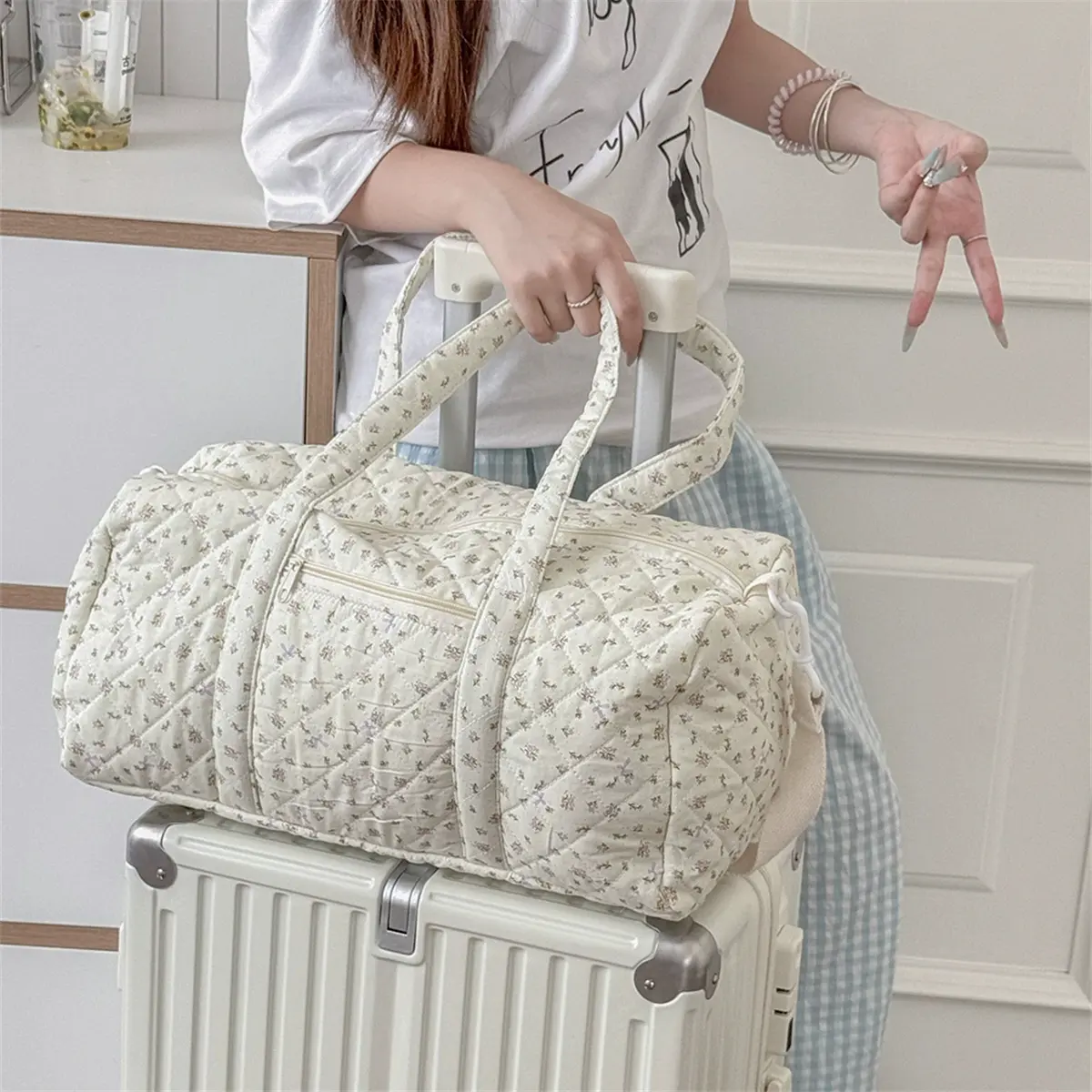 Coquette Ditsy Floral Quilted Weekender Bag Large Travel Duffle Tote for Women
