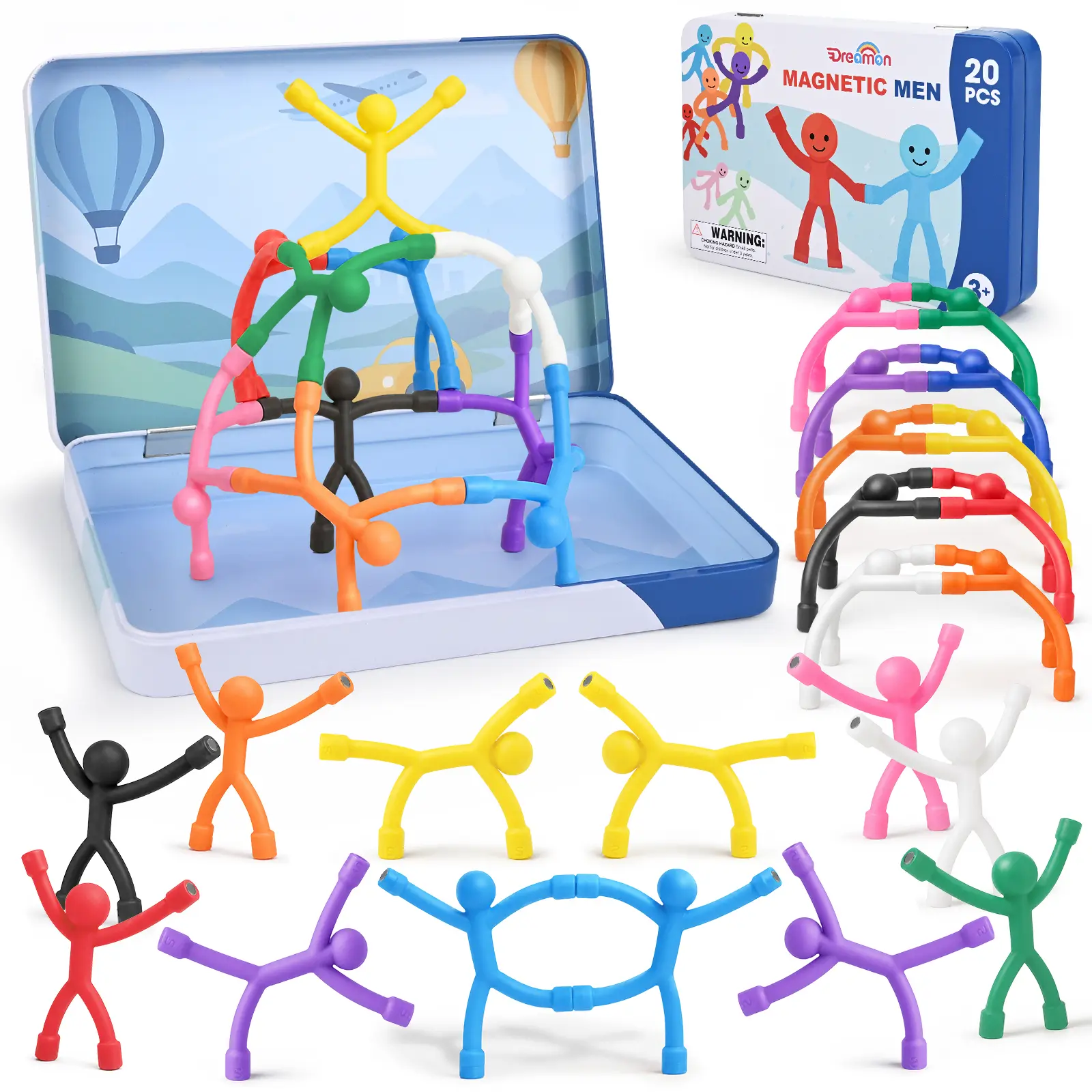 Dreamon 20Pcs Opaque Magnetic Men Travel Toys with Metal Box, Opaque Color Magnets Men for Kids Fidget Toys, Airplane Car Travel Sensory Fidget Toys Road Trip Activities Essential, Magnet Fidgets Classroom Toys Stocking Stuffers Gifts, #Backtoschool