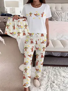 Curious George Women's Sleepwear Set Loungewear, Fitted Short Sleeve & Long Shorts, Comfortable Home Wear, Three-Piece Pajama Suit Pjs
