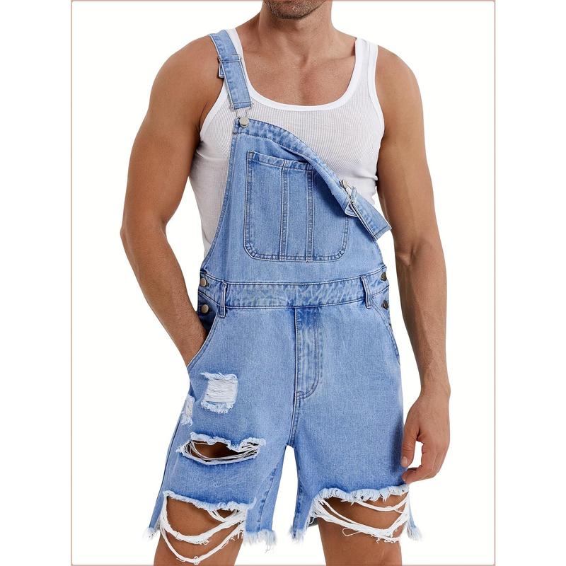 Runcati Men's denim shorts bib overall jean romper, offering a casual loose fit with buttoned pockets, perfect for summer wear as a comfortable and stylish jumpsuit.
