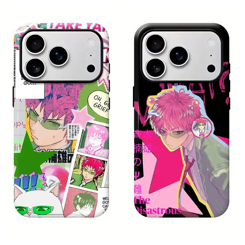The Disastr0us Life of Saiki K. Saiki & Kaidou Chibi Tough Case, Funny Nostalgic Shonen Anime Fan Art Cover For iPhone 11 12 13 14 15 16 17 Air Pro Max