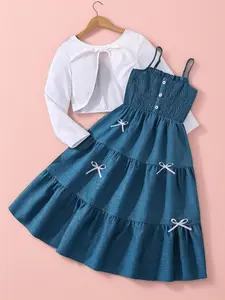 Girls' Blue Classic Color Block Long Sleeve Short Jacket Set with Bow Detail, Fashionable Summer, Casual Wear, Girl Clothes School, Dresses, Casual Outfit Set, Fashion Style Sets