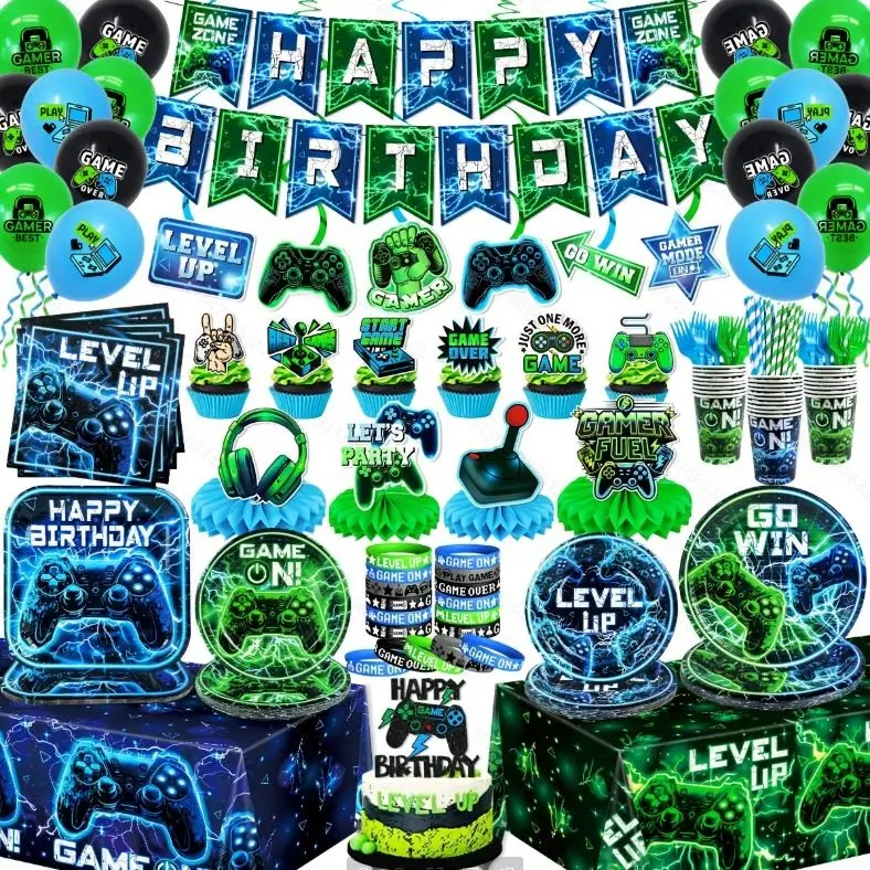 Gamer Birthday Party Decorations Video Game Happy Birthday Banner Level Up Plates Napkins Cups Game On Tablecloth Bracelet Gaming Birthday Party Decorations, Serves 26