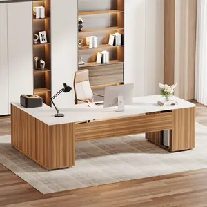 Tribesigns 85.8-Inch L-Shaped Executive Office Desk with File Drawers & Storage Cabinet White Walnut Modern Professional Design for Home & Business