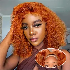 Ginger Orange Kinky Curly Human Hair Short Bob Wigs 13x6 Lace Frontal Bob Human Hair Wigs for Women 180% Density PrePlucked With Baby Hair HD Transparent Lace Front Human Hair Bob Wigs for Women Short Colored Curly Bob Wigs