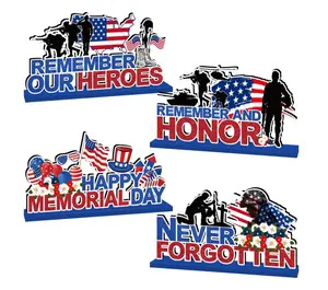 4pcs Memorial Day Decorations Table Wooden Centerpiece Happy Memorial Day Table Decorations Remember and Honor Tabletop Tiered Tray Decor for Patriotic Themed Party Decor Supplies