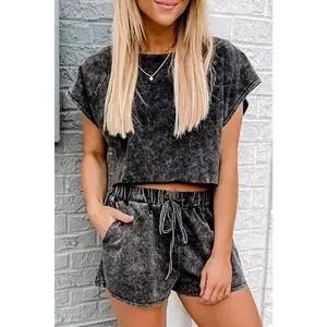 Black Acid Washed T Shirt & Drawstring Shorts Loungewear Set